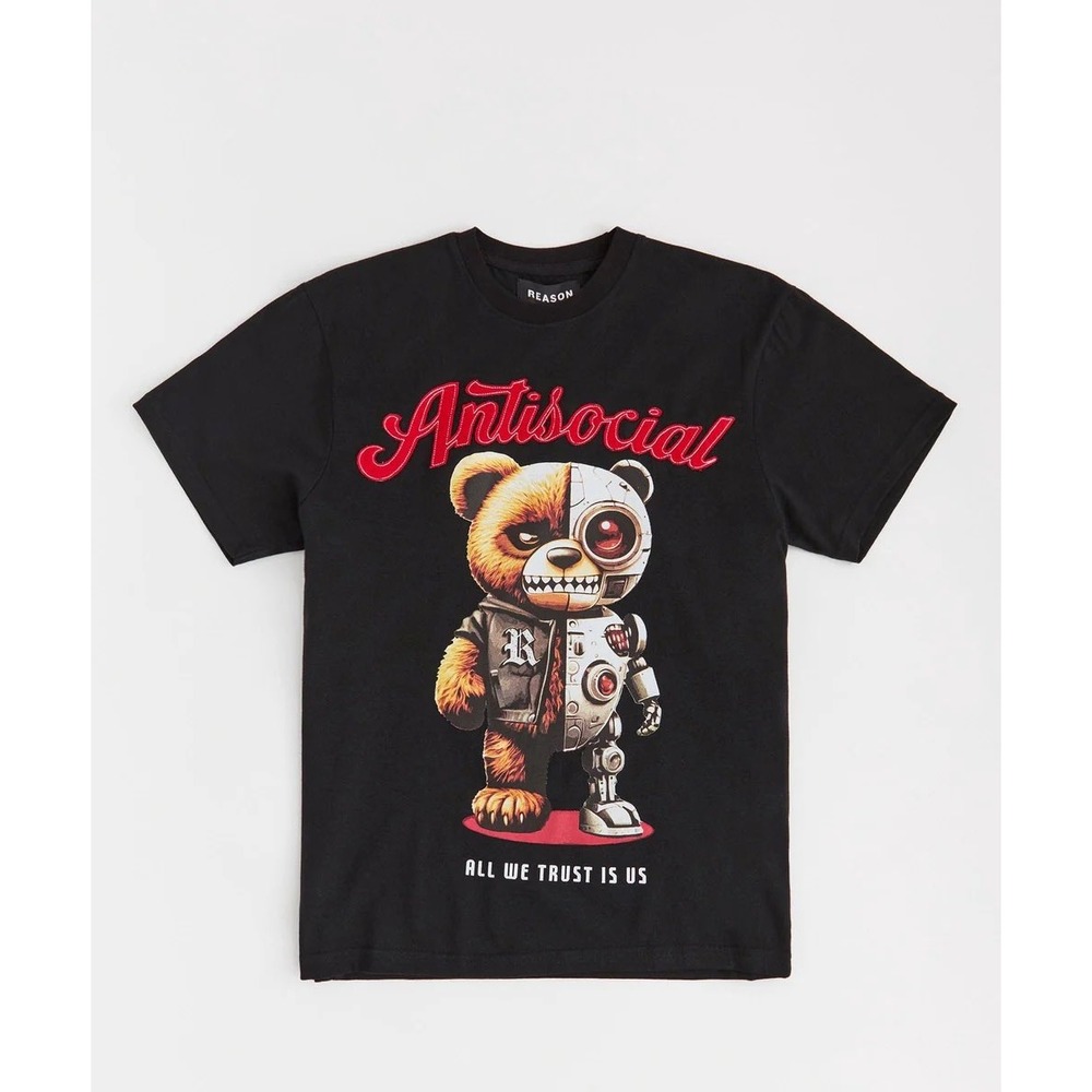 Reason Mens Antisocial Cyborg Bear Graphic T-Shirt Black Streetwear Tee